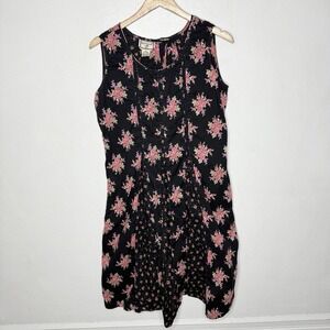 Vintage April Cornell Black Pink‎ Floral Cottagecore Dress Women's Medium Cotton